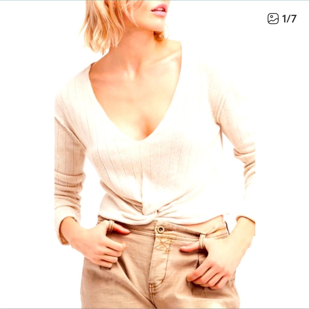 Free People Cream Ribbed V-Neck Twist Front Top